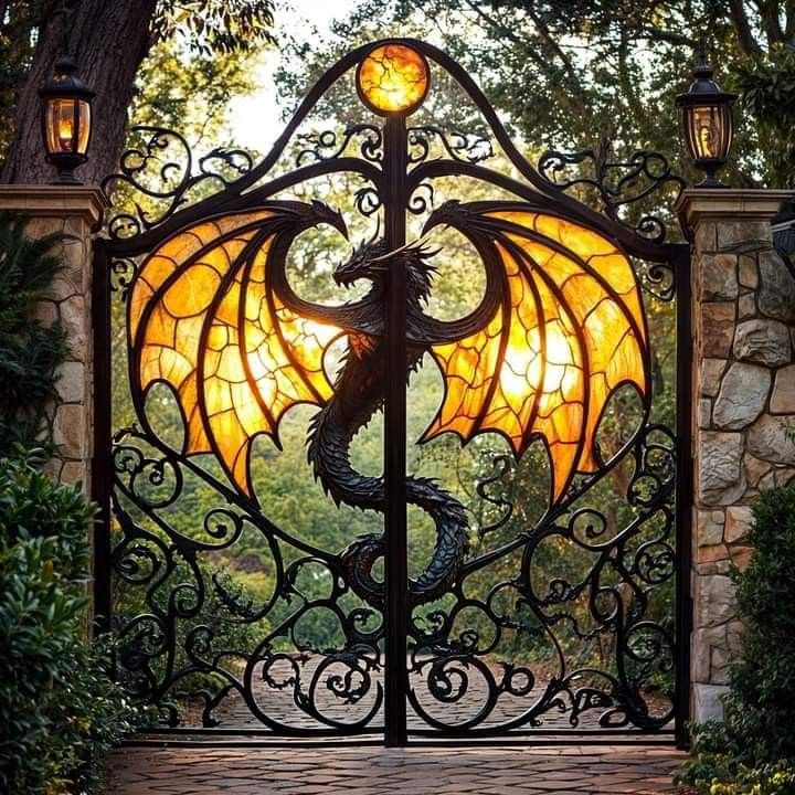 an iron gate with a stained glass dragon on it's side and two lights at the top