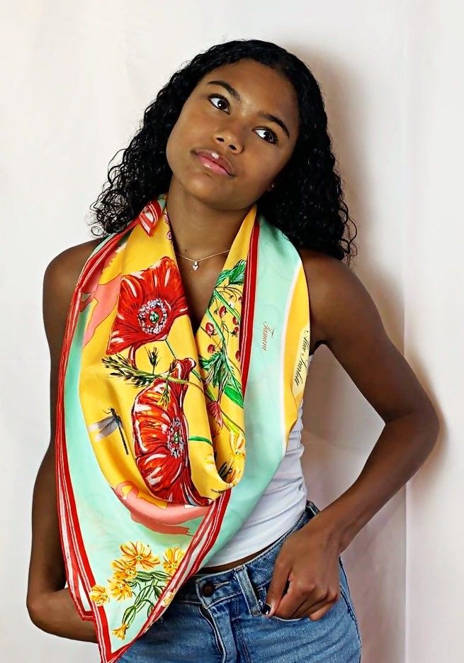 Our silk scarves are designed and printed in the UK using hand-painted original watercolour motifs and illustrations. Made from 100% silk twill with hand rolled edges. We take inspiration for all our designs from the surrounding environment. Hedgerows to woodland and meadows to coastline. Lightweight and delicate our scarves are made from the highest quality materials. Our scarves are carefully packaged in matching designed and branded tins. Bright and bold these scarves are perfect for summer. Multicolor Print Silk Scarf, Silk Headscarf, Silk Twill Scarf, Hand Roll, Silk Twill, Silk Scarves, Head Scarf, The Uk, About Uk