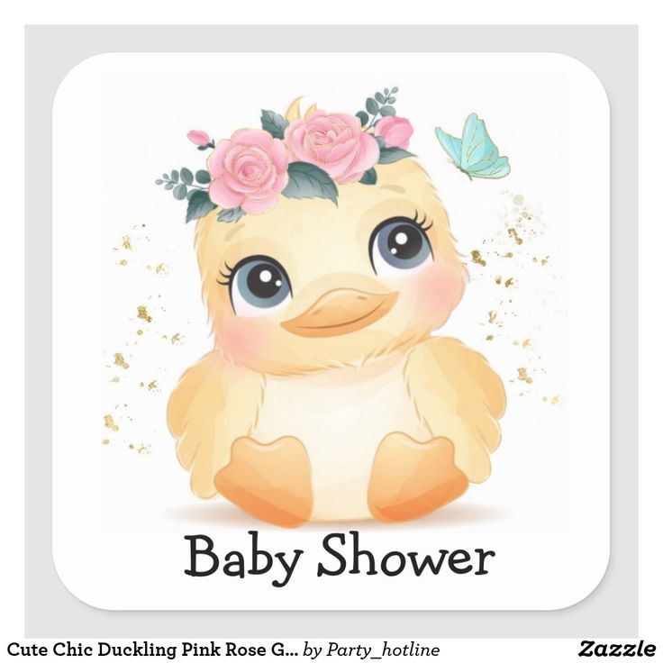 a baby shower sticker with an image of a little duck wearing a flower crown