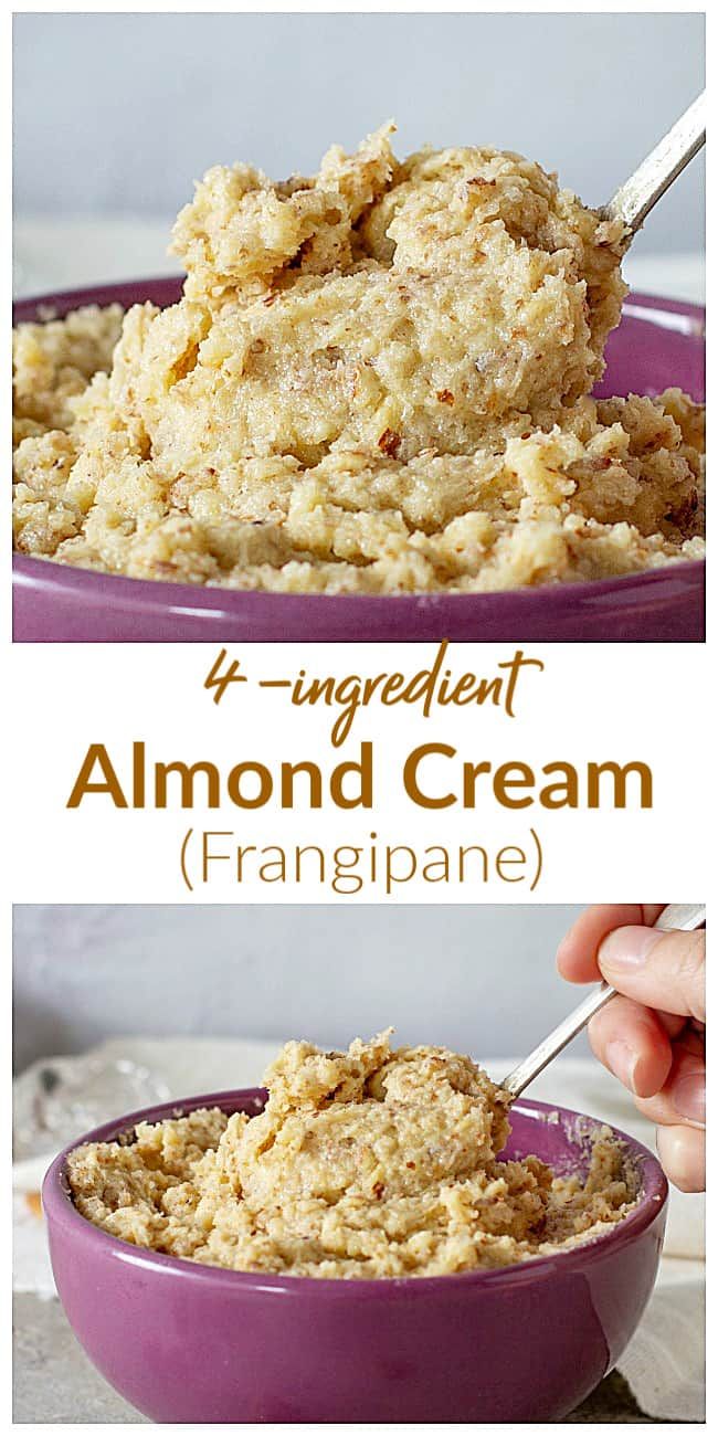 an image of almond cream in a purple bowl with the words, 4 ingredient almond cream franigiane