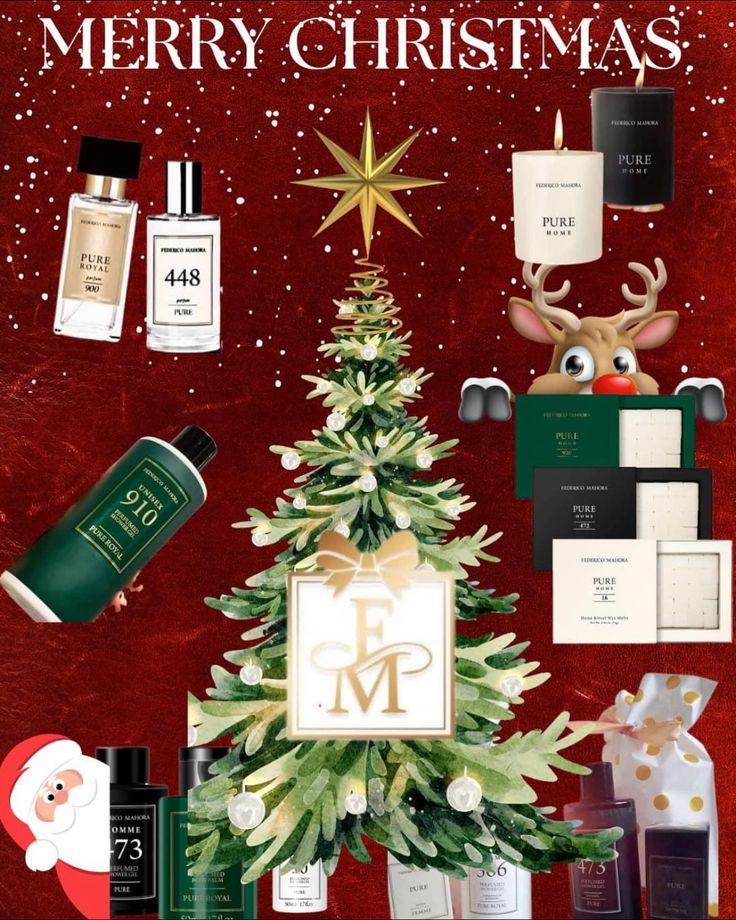 a christmas tree surrounded by cosmetics and other holiday items, with the words merry christmas on it