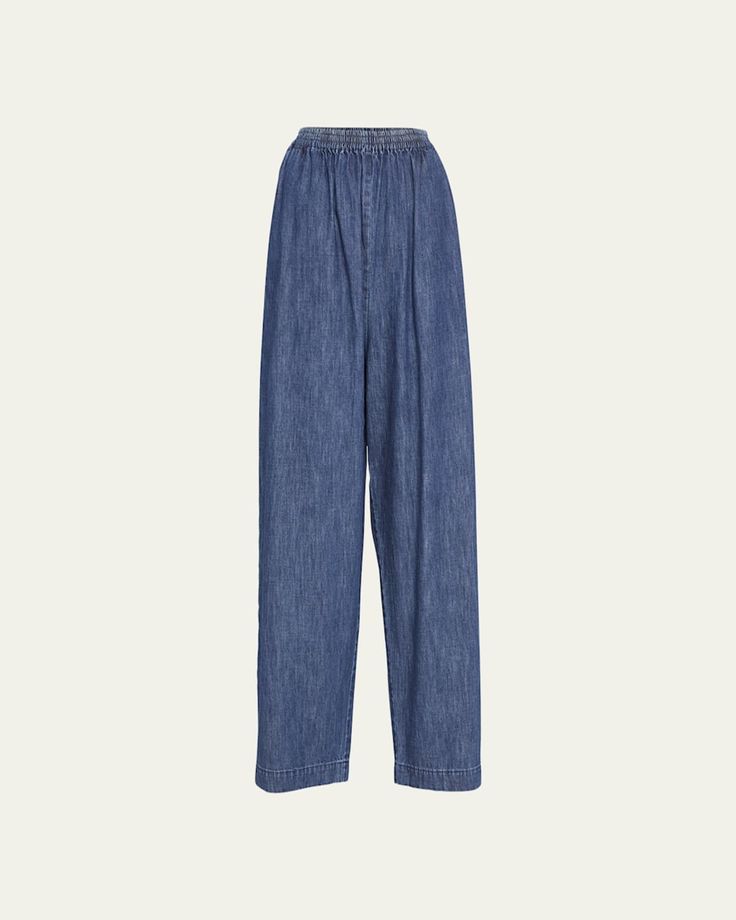 Eskandar Japanese trousers in denim    Mid rise sits high on hip    Elasticized waistband    Side slip pockets    Straight legs    Cropped length    Pullon style    Cotton    Dry clean    Made in Poland High Waist Pull-on Pants For Elevated Casual, High Waist Pull-on Style Bottoms For Smart Casual, High Waist Pull-on Bottoms For Elevated Casual, High Waist Bottoms For Elevated Casual, Elevated Casual High Rise Bottoms With Elastic Waistband, High Rise Bottoms With Elastic Waistband For Elevated Casual, Spring Linen Straight Leg Jeans, Casual Linen Pants With Five Pockets, Medium Wash Casual Pants With Pockets