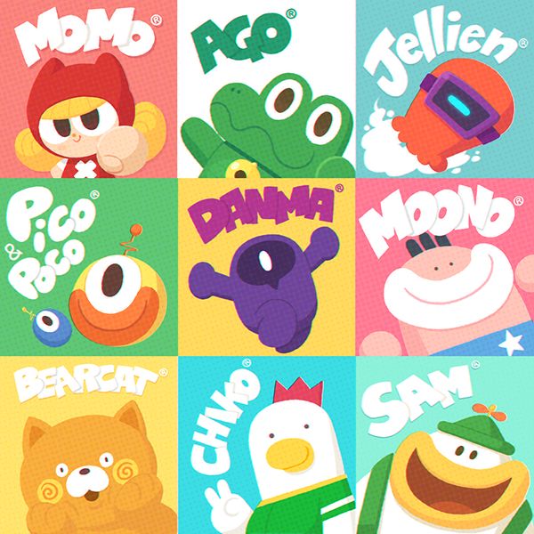 an image of some cartoon characters on different colored squares with the words moo, poo, panda, and snowman