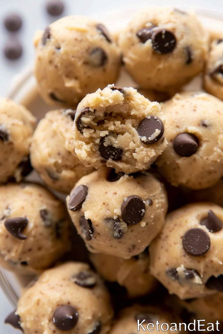 chocolate chip cookie dough bites in a glass bowl