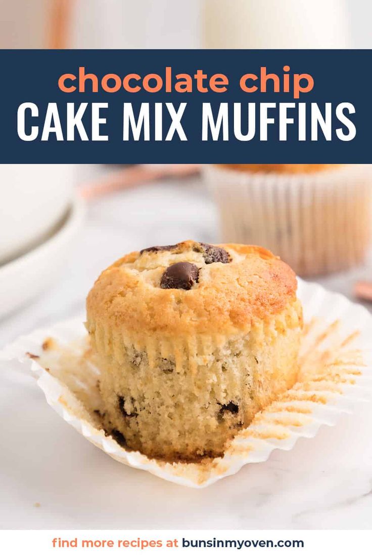 chocolate chip cake mix muffins on a white plate with the title overlay