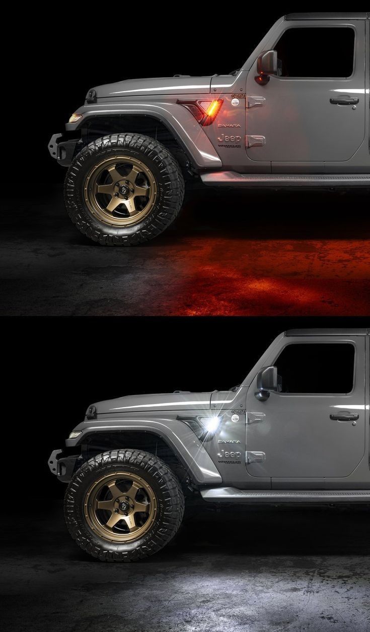 two side by side images of a silver jeep with gold rims and lights on