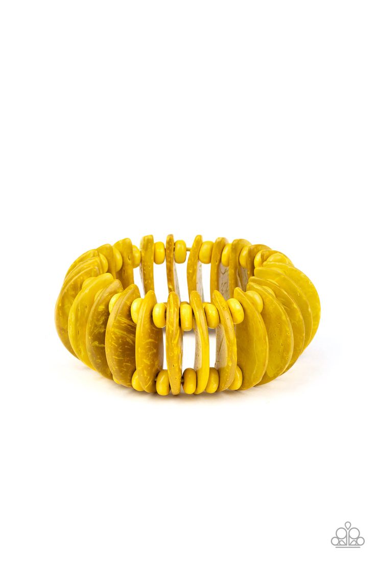 Infused with yellow wooden beads, distressed yellow wooden crescents are threaded along stretchy bands around the wrist for a summery look.

Sold as one individual bracelet. Paparazzi Accessories Jewelry, Sliding Knot Closure, Pink Jewels, Yellow Bracelet, Nickel Free Jewelry, Wooden Bracelet, Wood Bracelet, Wood Necklace, Paparazzi Accessories