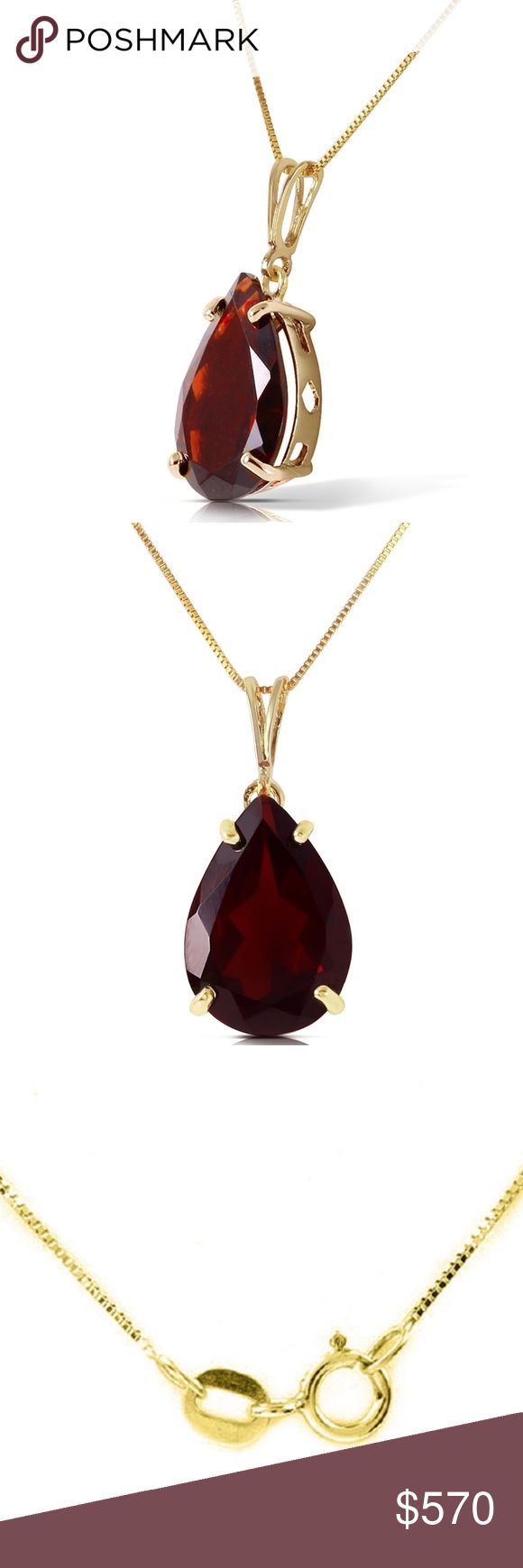 14K. SOLID GOLD NECKLACE WITH NATURAL GARNETS Item: 2547  Description 14K. SOLID GOLD NECKLACE WITH NATURAL GARNETS (Yellow Gold)  Comes with 18" long, 0.52 mm thickness Box Chain.  Item Information Metal: 14K. Solid Gold Metal Weight: 1.80 gr. Gemstones 1 Pear shape, 9X13 mm, Garnet = 5.00 ct Measurements Height: 0.84 in ( 21.3 mm) Width: 0.36 in ( 9.1 mm) Galaxy Gold Products Jewelry Necklaces Classic Red 14k Gold Necklace, Classic Yellow Gold Briolette Jewelry, Yellow Gold Drop Jewelry For Formal Occasions, Gold Pear-shaped Gemstone Necklace, Yellow Gold Pear-shaped Necklace For Gift, 14k Gold Pear-shaped Necklace In Fine Jewelry Style, 14k Gold Teardrop Necklace For Formal Occasions, Formal 14k Gold Teardrop Necklace, Formal Teardrop 14k Gold Necklace