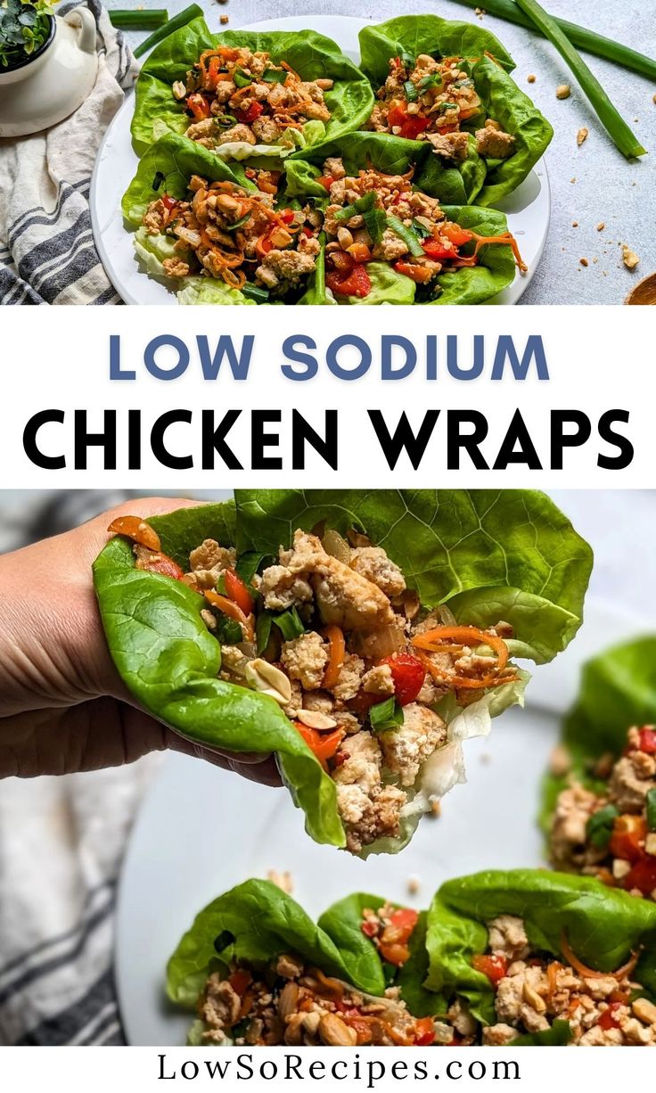 chicken wrap recipe with lettuce leaves and sauce in the middle on a white plate