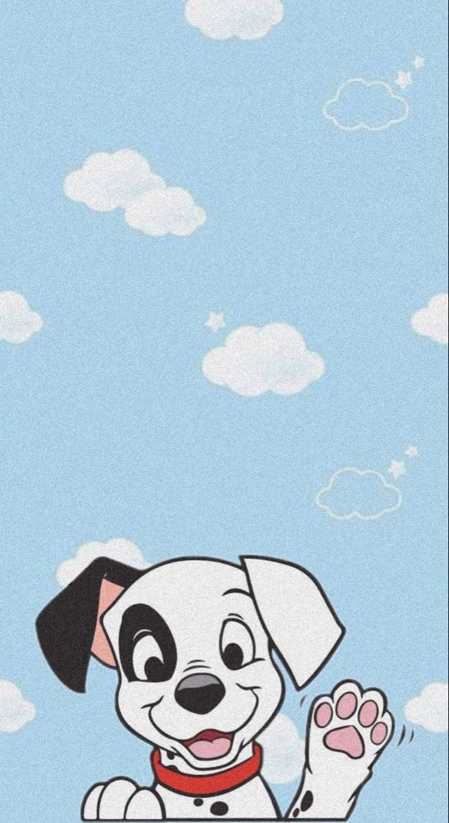 a cartoon dog sitting on top of a blue sky with clouds in the back ground