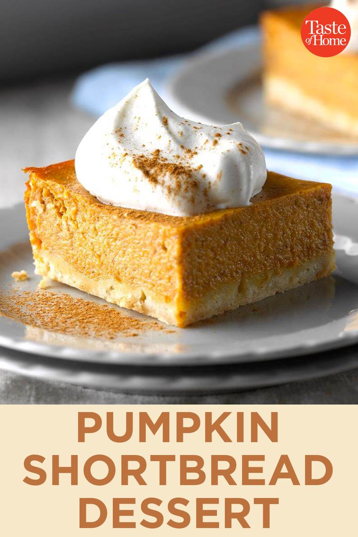 pumpkin shortbread dessert on a white plate with whipped cream in the center and text overlay that reads, pumpkin shortbread dessert