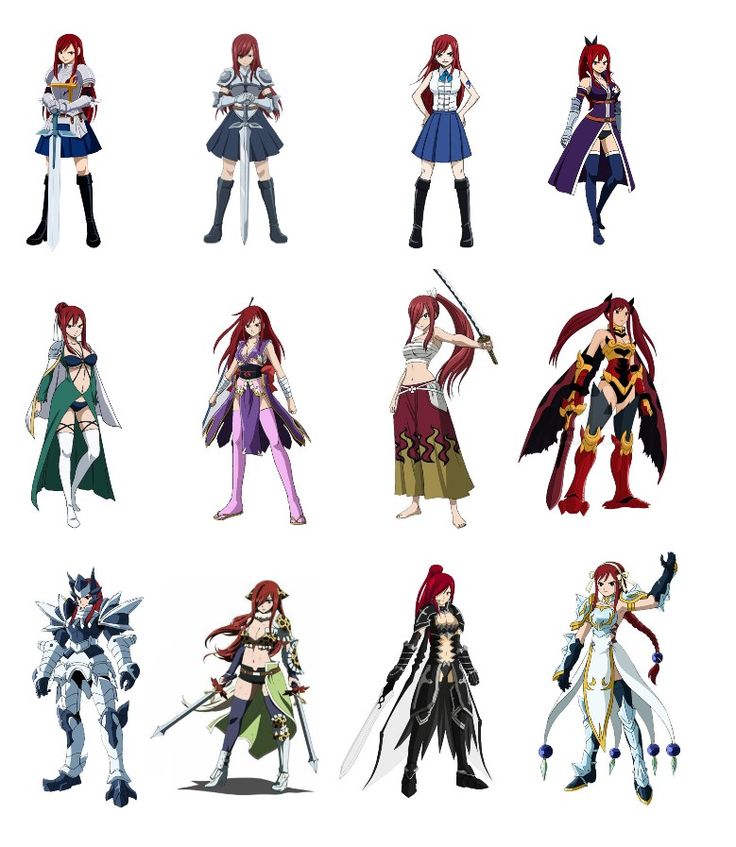 six anime characters in different outfits with swords and armor on their backs, all standing side by side