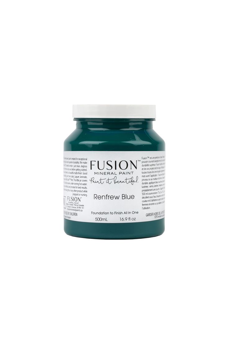 a jar of blue paint on a white background with the words fuson written in it