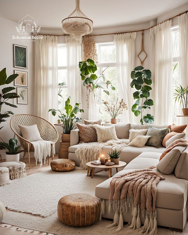 a living room filled with lots of furniture and plants