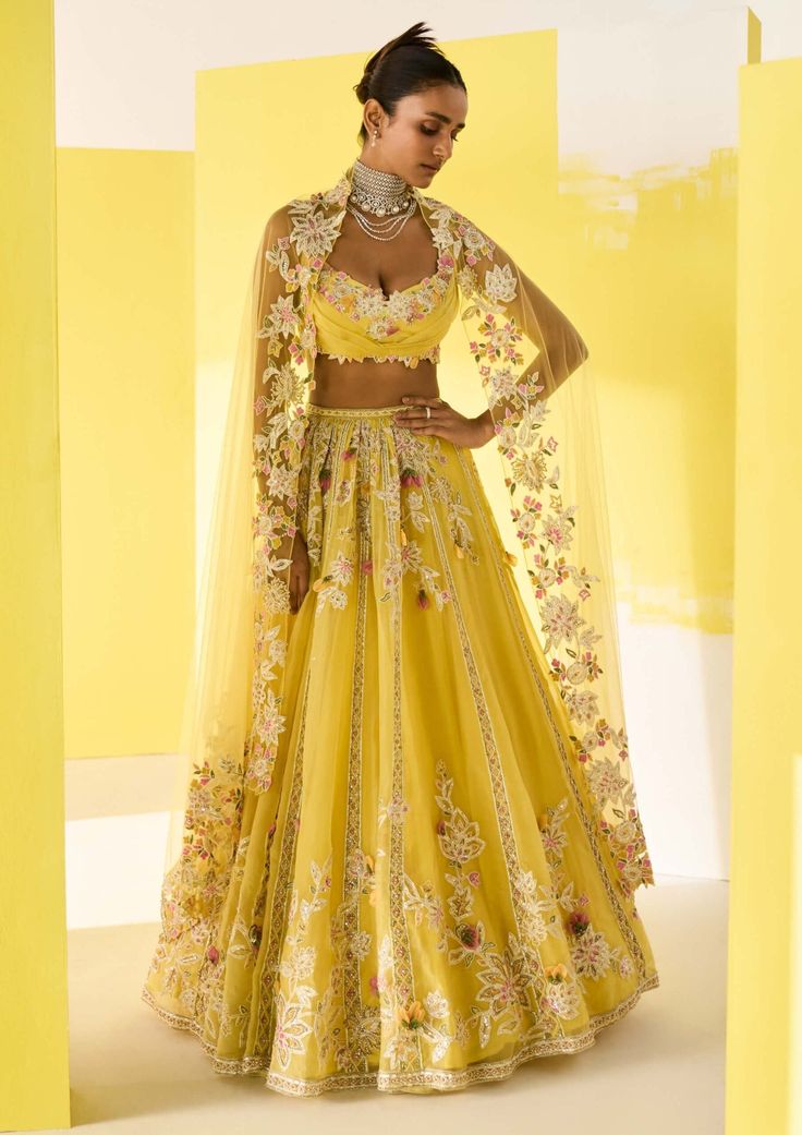 Ridhi Mehra-Lahya Yellow Embroidered Lehenga Set-INDIASPOPUP.COM Lehenga And Blouse, Ridhi Mehra, Haldi Outfit, Raw Silk Lehenga, Yellow Lehenga, Organza Lehenga, Embroidered Crop Tops, Embroidered Lehenga, Embroidered Dupatta