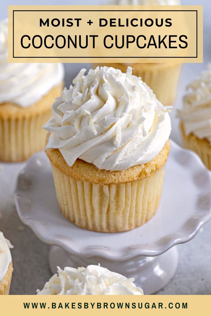 cupcakes with white frosting on top and the words, most + delicious coconut cupcakes