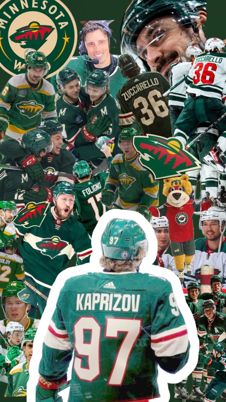 a collage of hockey players in green and white uniforms with the names of each team