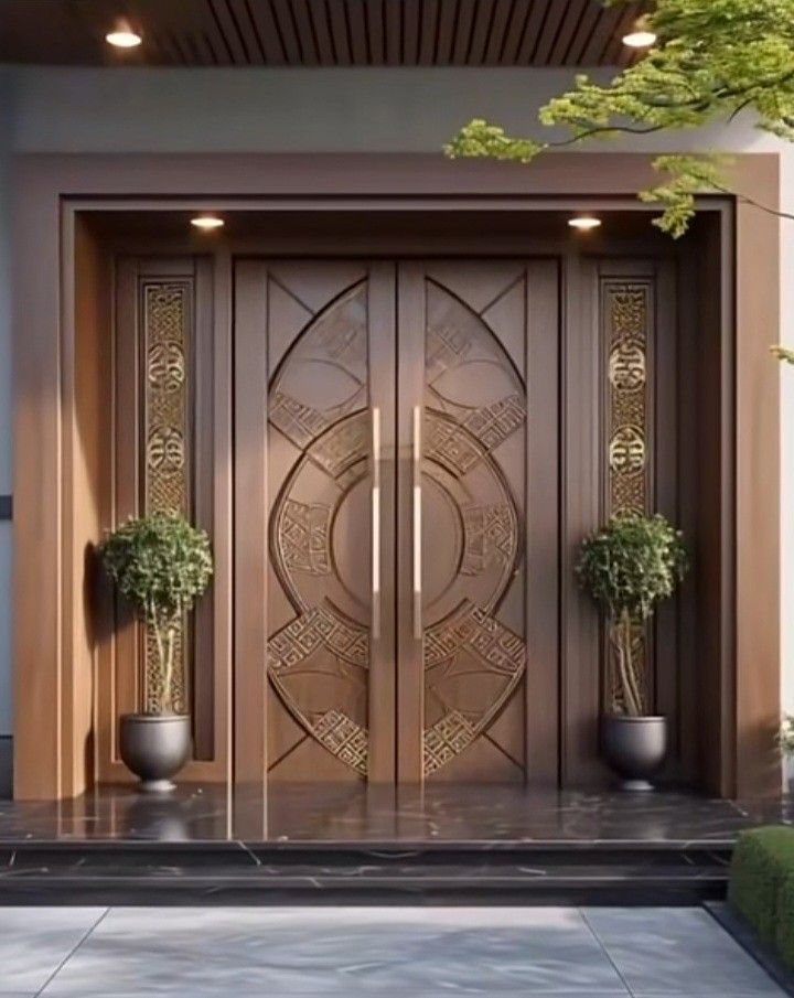 an entrance with two potted plants in front of it and the doors are made of wood