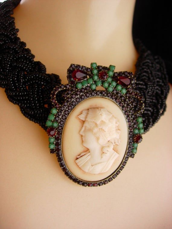 Antique Cameo Brooch - Victorian Black glass Choker - Vintage garnet rhinestone - Goddess necklace - Gothic Formal Jewelry Brooch, Black Gothic Jewelry Brooch, Black Gothic Brooch Jewelry, Black Gothic Brooch, Elegant Black Beads, Gems, And Cabochons For Gifts, Black Brooch Jewelry For Wedding, Antique Beaded Jewelry For Evening, Victorian Style Formal Choker Jewelry, Victorian Choker For Formal Occasions