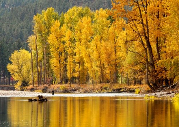 two people on a boat in the middle of a lake surrounded by trees with yellow leaves