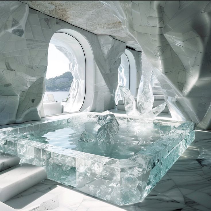 the interior of an ice hotel with large windows and water features on both sides of the room