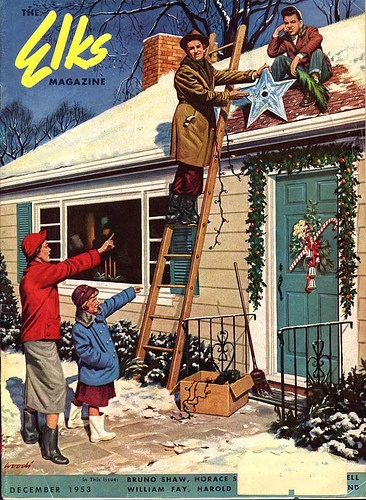 an old fashioned christmas card shows two children on a ladder and one is pointing at the star