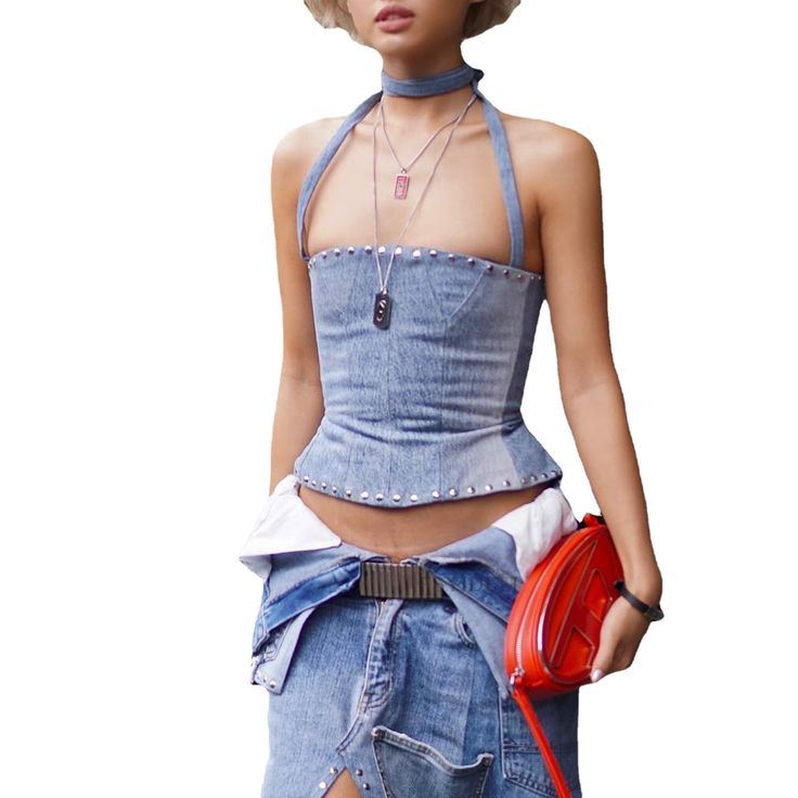 Summer Studded Low Back Lace-up Sexy Halter Neck Denim Camisole Top Fitted Sleeveless Denim Top For Summer, Sleeveless Denim Top For Night Out, Sleeveless Denim Top For Party, Summer Stretch Denim Blue Vest, Sleeveless Denim Blue Top For Night Out, Summer Stretch Denim Blue Denim Vest, Trendy Fitted Sleeveless Denim Top, Fitted Sleeveless Denim Top, Summer Halter Neck Fitted Corset