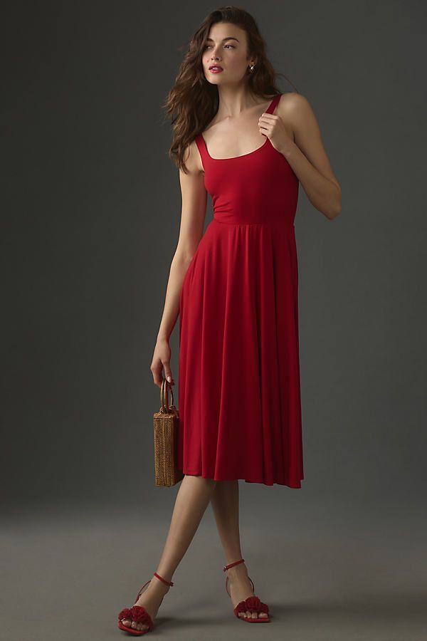 The Reformation Rou Knit Midi Dress features a low scoop neckline, flared midi skirt, and, best of all, pockets for a style you'll wear again and again. | Rou Knit Midi Dress by Reformation in Red, Women's, Size: XS, Elastane/Lyocell/Tencel at Anthropologie Classic Kibbe Style, Classic Kibbe, Kibbe Style, Flared Midi Skirt, Romantic Classic, Midi Skirt Pattern, The Reformation, Midi Flare Skirt, Georgette Dress