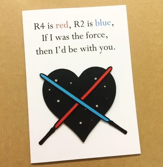 a card with two crossed swords in the shape of a heart and a star wars quote