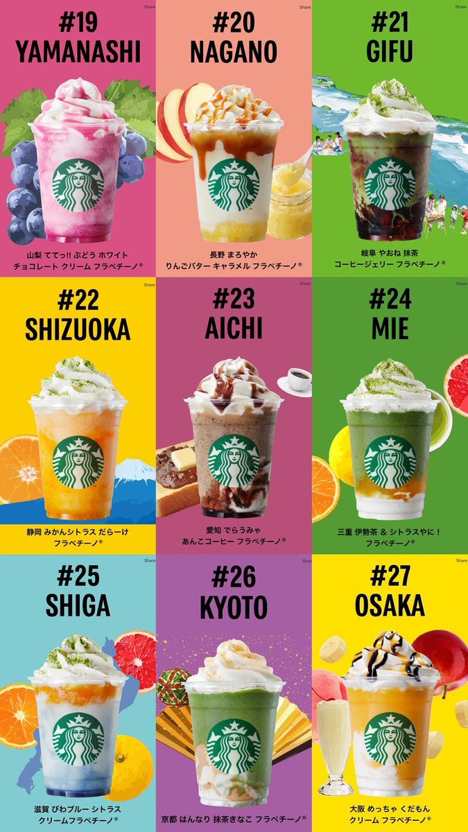 an advertisement with different types of drinks in each cup and the words starbucks on it