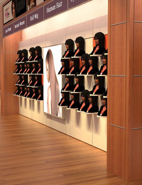 an image of a hair salon display with mannequins on the wall in front of it