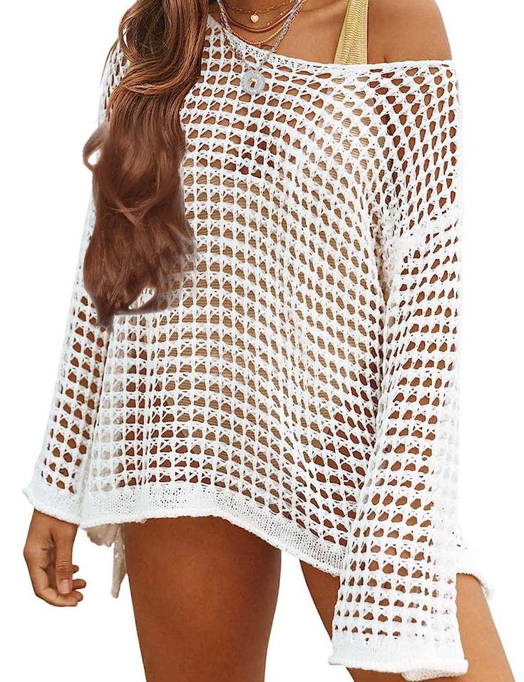 PRICES MAY VARY. One Fits All : Our swimsuit coverups for women 2024 with free size can fit sizes S, M, L, XL. The front length of beach cover ups for women 2024 is about 27.6’’, center back length is approx 29.1’’, bust is about 46.4’’, and the sleeve is 18.5’’. Cover ups for swimwear women can suitable for most figures of women. Premium Material : The crochet cover up is made of the high quality cotton, crochet swimsuit coverup for women can give you a comfortable and soft wearing feeling. And this fabric of bathing suit cover up for women is not easy to shrink or wrinkle. Hollow Out Design : Our bikini cover up for women with hollow out mesh, pull on, long sleeve, and wide neckline design can be fashionable and sexy to show off your charm. With our swim cover up for women, can be easy t White Knit Beachwear Cover-up, White Knitted Cover-up For Vacation, Stretch Hollow Out Tops For Beach Season, Beach Tops With Hollow Out Design, Beach Tops With Hollow Out Design And Stretch, Beach Hollow Out Stretch Tops, Beach Season Vacation Tops With Hollow Out Details, Hollow Out Top For Beach Vacation, Beach Season Hollow Out Top For Vacation