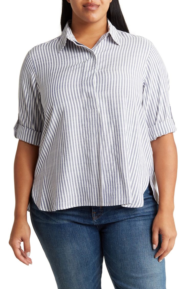 A clean stripe pattern adds smart appeal to this popover tunic styled with a spread collar and quarter-button placket. 29" length (size Small) Spread collar Long sleeves with adjustable button cuffs 55% polyester 45% rayon Machine wash, line dry Imported Model stats: 5'10", 32" bust, 25" waist, 36" hip. Model is wearing size Small. Spring Collared Tops With Horizontal Stripes, Collared Tops With Horizontal Stripes For Spring, Spring Tops With Striped Collar And Shirttail Hem, Striped Collar Shirttail Hem Top, Casual Workwear Top With Horizontal Stripes, Relaxed Fit Tops With Striped Collar For Daywear, Striped Shirttail Hem Top For Work, Striped Top With Placket For Daywear, Relaxed Fit Striped Tops For Workwear