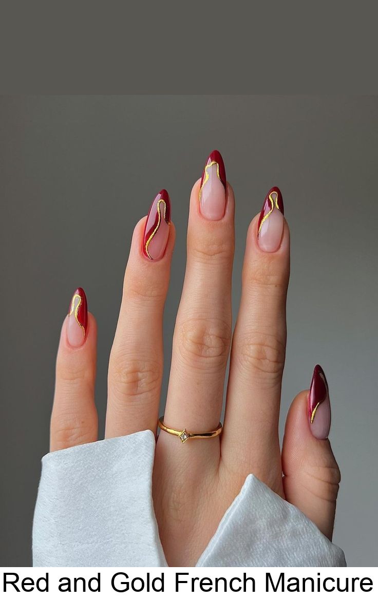 Red and Gold French Manicure #rednaildesignideas Red And Gold Nails Almond Shape, Nails For All Outfits, Good And Red Nails, Red Nail French Designs, Red Nail Gold Tip, Red And Gold Bow Nails, Apple Red Nails Design, Crimson And Gold Nails, Fall Nails Red Design