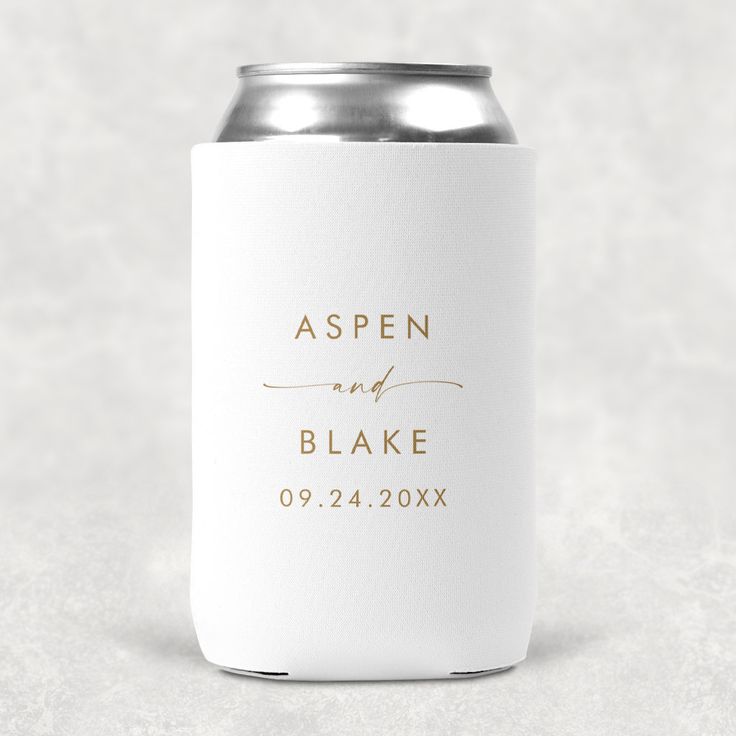 a white can cooler with the words aspen and blake printed on it's side