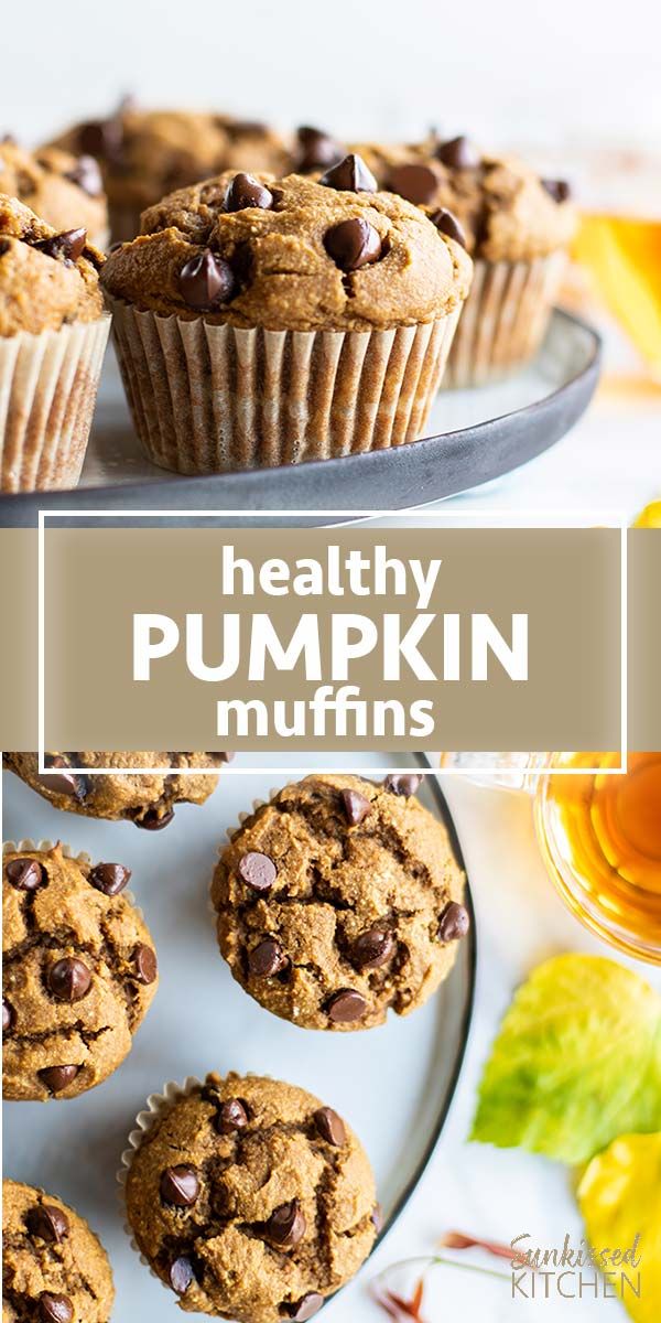 healthy pumpkin muffins with chocolate chips on top and the title above reads, healthy pumpkin muffins