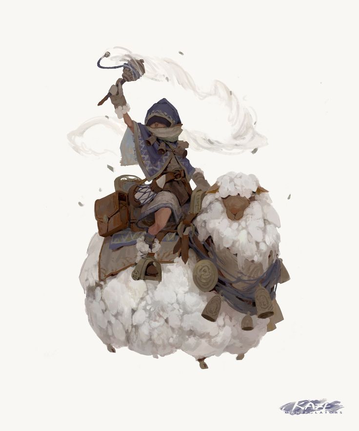 a man riding on the back of a sheep covered in white powder and holding an umbrella