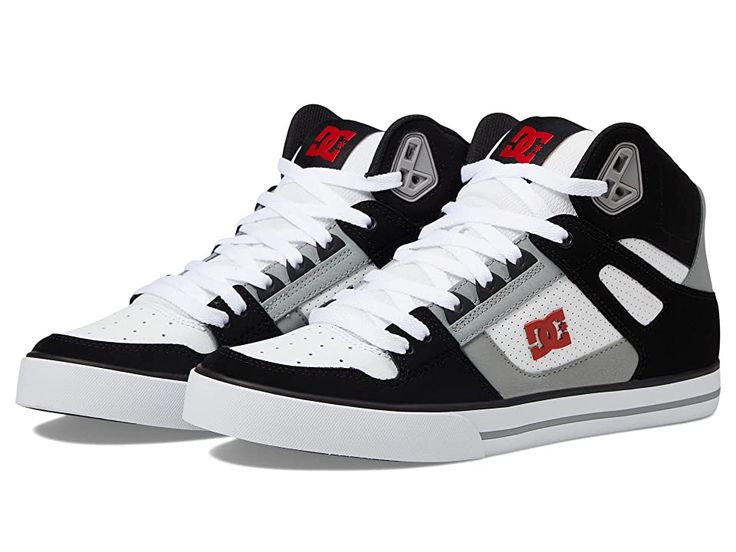 DC Pure High-Top WC - Men's Skate Shoes : Black/White/Red : Bring clean, classic skate style to your everyday with the DC Pure High-Top WC skateboard shoes! Skate shoes in a high-top silhouette. Leather, nubuck, suede, or canvas upper with premium textile quarter. Foam padded tongue and collar for added comfort and support. Mesh lining for breathable wear. Wrap cupsole construction for long-lasting durability. Abrasion-resistant sticky rubber outsole. Outsole features DC's trademarked Pill patte High-top Skateboarding Sneakers With Contrast Sole, High-top Sneakers With Contrast Sole For Skateboarding, Sporty High-top Skate Shoes With Contrast Sole, Lace-up High-top Sneakers With Boost Midsole For Skateboarding, Mid-top Skate Shoes With White Sole For Streetwear, High-top Skate Shoes For Streetwear With Branded Insole, Urban Streetwear Mid-top Skate Shoes, High-top Sneakers For Skateboarding, Sporty High-top Sneakers For Skateboarding