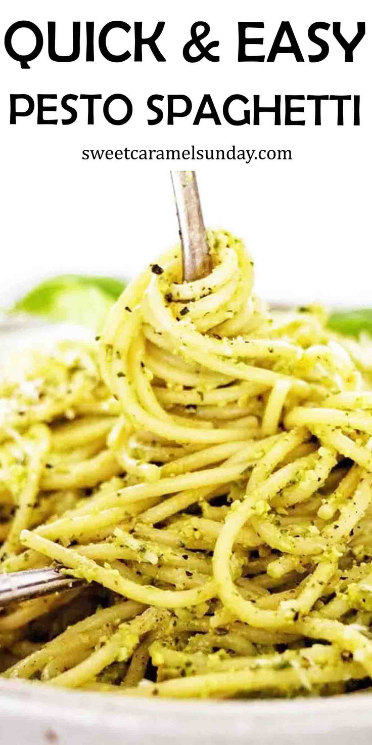 Fork being twirled in grey bowl of spaghetti with pesto. There is text written at the top of the image. Pesto Recipes Dinner Pasta, Spaghetti Pesto Recipe, Pesto Recipes Dinner, Spaghetti Pesto, Homemade Basil Pesto, Pesto Spaghetti, Basil Pesto Pasta, Pesto Sauce For Pasta, Easy Pasta Recipe