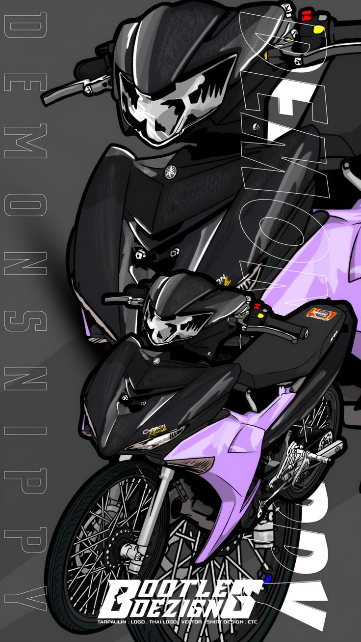 two motorcyclists riding on the same bike in different colors and sizes, one is purple