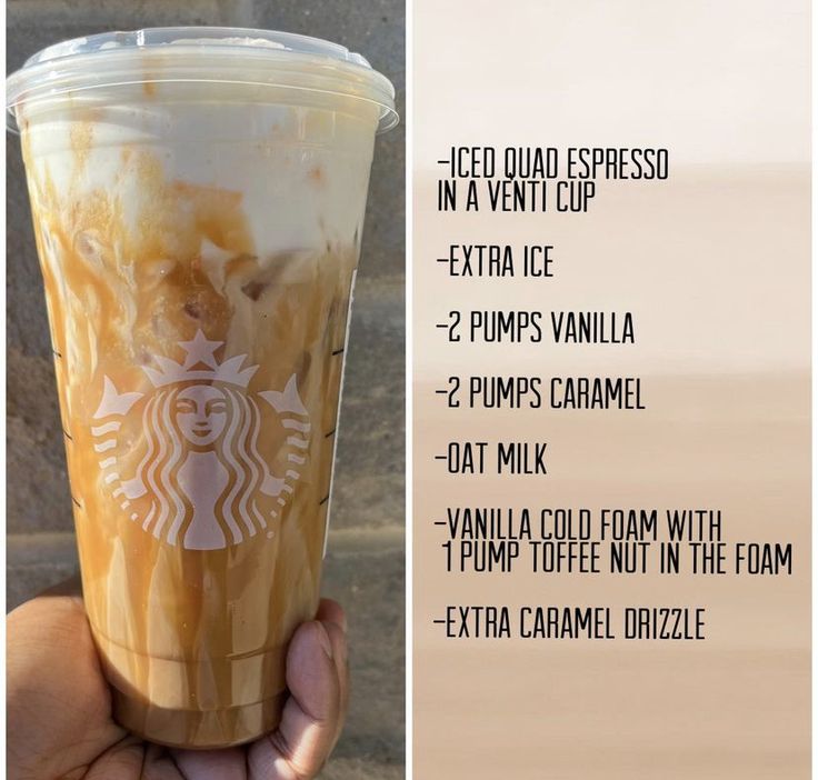 a hand holding up a starbucks iced drink with information about the ingredients and how to make it