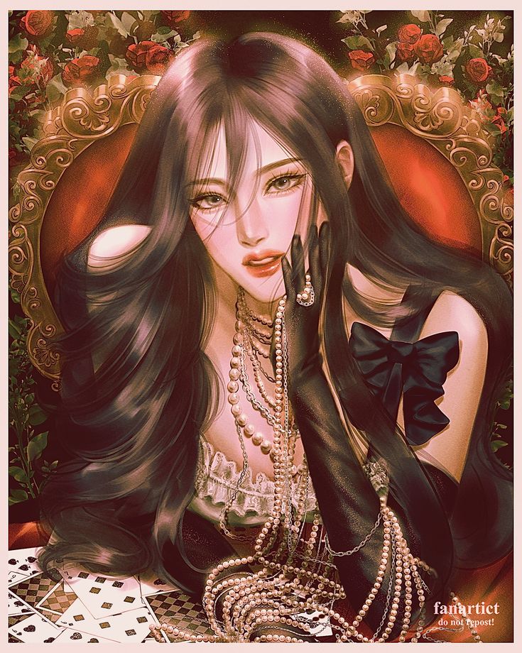 a painting of a woman with long black hair and pearls on her hands, sitting in a chair