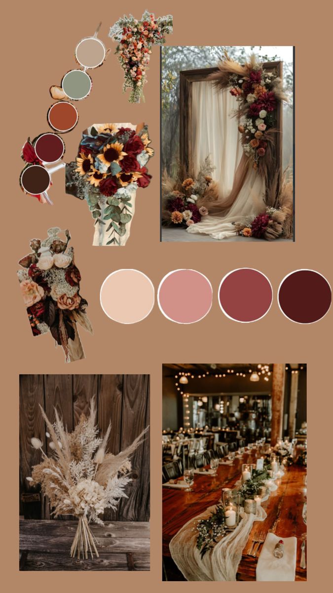 an assortment of wedding decorations and flowers in shades of red, brown, pink, green