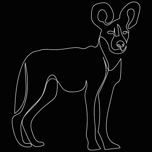 a black and white drawing of a dog with horns on it's head, standing in front of a dark background