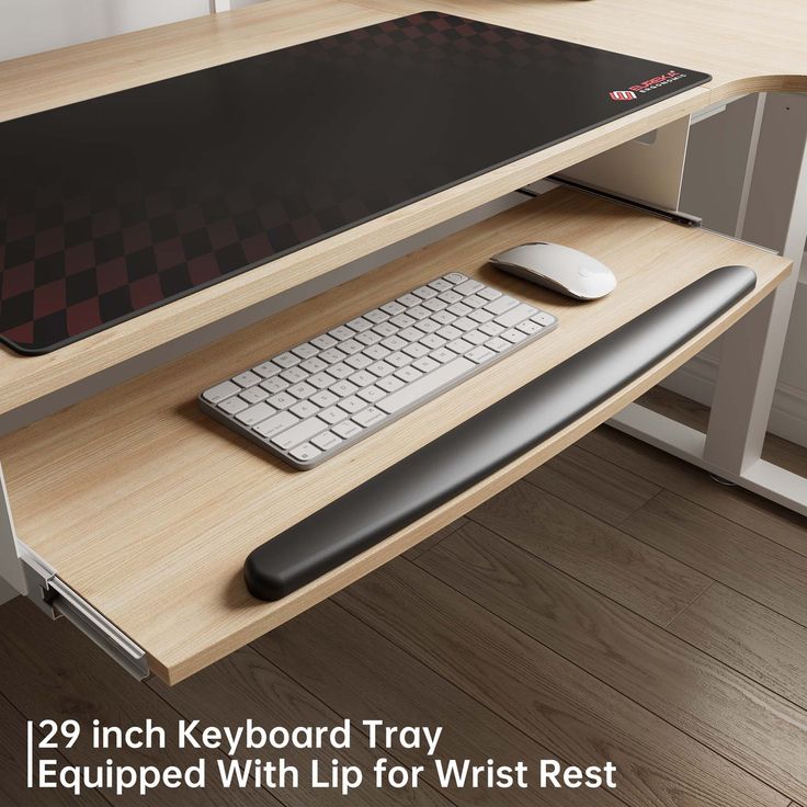 a computer desk with a keyboard and mouse on it