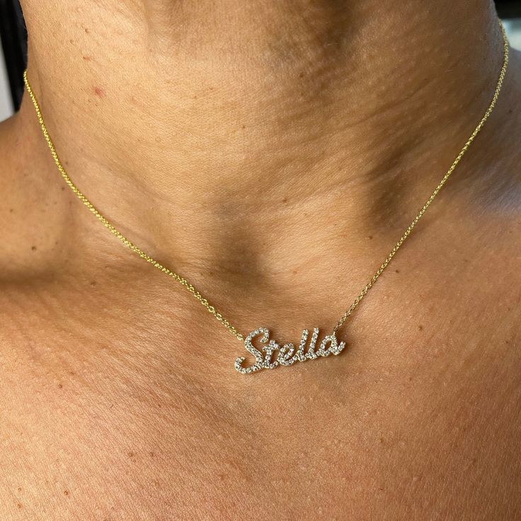 "This 14k personalized diamond name necklace is the perfect gift for the bridal party, someone special, or yourself. If you like dainty jewelry this diamond name plate necklace is perfect for you. If you like bigger pieces please ask us for bigger nameplate options or check our other name plate listing. * 1st letter is capital, rest are lowercase. M A T E R I A L & L E N G T H Available in 14k Yellow Gold, 14k Rose Gold, 14k White Gold, Sterling Silver Thickness: 1.3mm / 0.05\" ( From the bo 14k Gold Name Necklace With Diamond Accents For Gift, Gift Diamond Accents Initial Pendant Name Necklace, Personalized Yellow Gold Diamond Necklace For Gift, Personalized Yellow Gold Diamond Necklace Gift, Customized Elegant Diamond Jewelry, Diamond Name Necklace For Gift, Diamond Nameplate Necklaces, Fine Jewelry Diamond Name Necklace As Gift, Elegant Nameplate Necklace With Diamond Accents