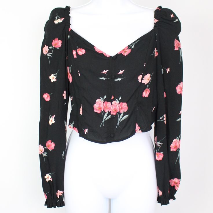 Nwt, Viscose Armpit To Armpit 15" Length 15" 553-0 Black And Pink Crop Top, Pink Long Sleeve Tops With Floral Patchwork, Fitted Black Top With Rose Print, Black Long Sleeve Top With Rose Print, Black Cropped Floral Print Tops, Fitted Black Top With Butterfly Print, Sparkly Crop Tops, Tight Crop Top, Black Long Sleeve Crop Top