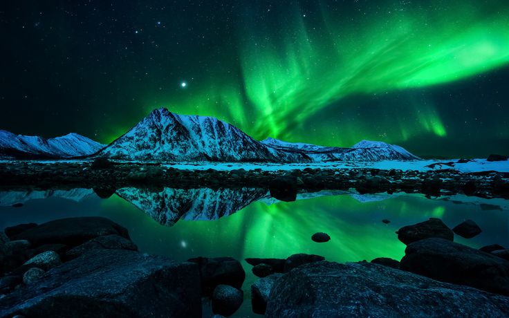 the aurora bore is reflected in water near rocks and snow covered mountain tops at night