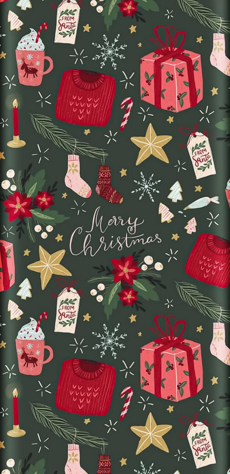 a christmas card with presents, gifts and stars on the green background that says merry christmas