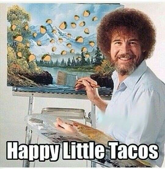 a man holding a brush and palette in front of an easel with the words happy little tacos on it